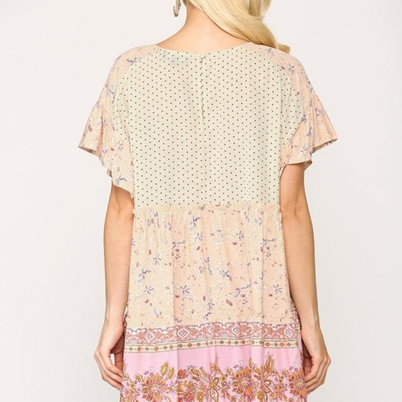 Gigio Cream Blush Dot Floral Mix Print Babydoll - Picture 5 of 7